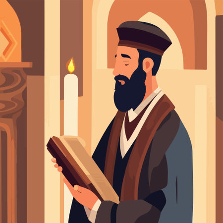 Cartoon jew character composition with flat images of synagogue temple indoor interior with rabbi human character vector illustration, jewish holidays conceptのイラスト素材