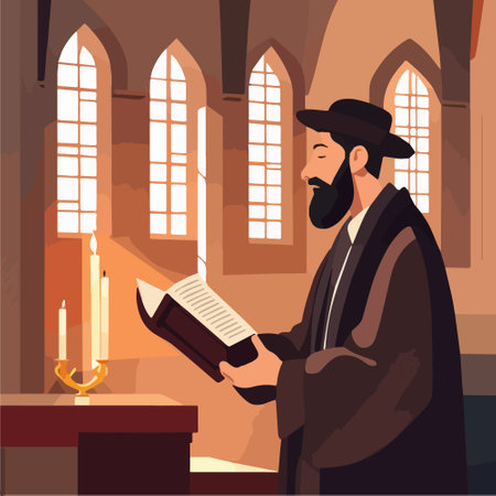 Torah reading isolated cartoon vector illustration. Jewish people reading Torah in synagogue, religious practices, Holy days, Judaism observances, synagogue, orthodox Jew vector cartoon illustration.のイラスト素材