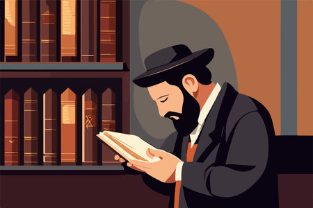 Jew hassid, rabbi in synagogue reads Torah. Vector illustration, Jewish holidays conceptのイラスト素材
