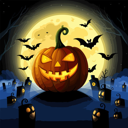 Spooky dark Halloween background. Pumpkins gravestones and bats on background of the full moon, vector illustrationのイラスト素材