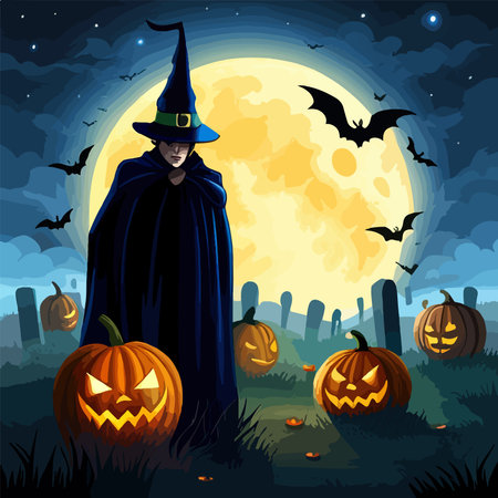 Cemetery and pumpkins. Halloween background with bats and trees, tombstones and fireflies against background full moon. Halloween purple, violet template. Vector illustration.のイラスト素材
