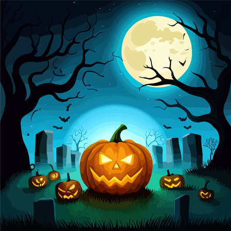 Halloween graveyard scene with pumpkins. Haunting nightmare halloween background, cartoon horror scenery scary tomb stones grave in dark forest hill, vector illustration of graveyard halloweenのイラスト素材