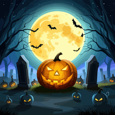 Cemetery and pumpkins. Halloween background with bats and trees, tombstones and fireflies against background full moon. Halloween purple, violet template. Vector illustration.のイラスト素材