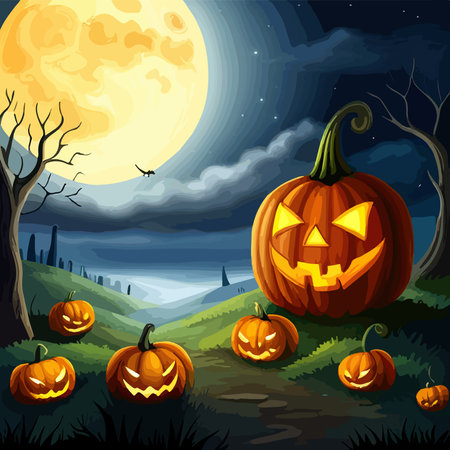 Spooky dark Halloween background. Pumpkins gravestones and bats on background of the full moon, vector illustrationのイラスト素材