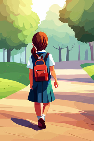 Back view of teenage girl with backpack going to or back from school. Vector illustrationのイラスト素材