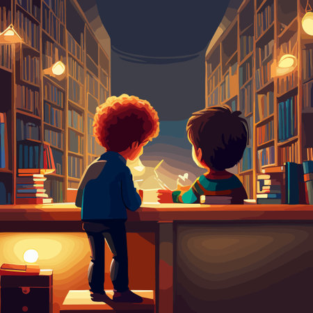 Captivating Education and School Concept Little Student boys, Engaged in Studying at School reading a Book in school library, back to school concept, vector illustrationのイラスト素材