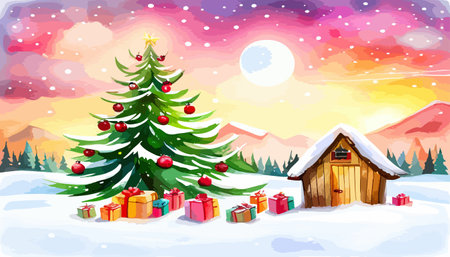 Watercolor cozy little house and christmas tree with gifts in winter scene vector illustration, merry christmas postcard design, seasonal new year greetingsのイラスト素材