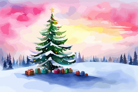 A winter landscape with a small wooden winter house among snow-covered spruces with gifts hand drawn in watercolor isolated on a white background. Watercolor winter vector illustration.のイラスト素材