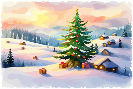 A winter landscape with a small wooden winter house among snow-covered spruces with gifts hand drawn in watercolor isolated on a white background. Watercolor winter vector illustration.のイラスト素材