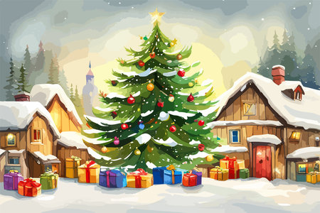 A winter landscape with a small wooden winter house among snow-covered spruces with gifts hand drawn in watercolor isolated on a white background. Watercolor winter vector illustration.のイラスト素材