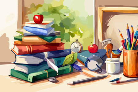 Vintage books stacks and school supplies. Watercolor hand painted school concept illustration. Book lover design. Education themed vector illustration.のイラスト素材