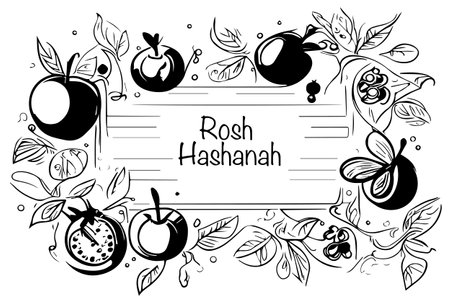 Sketch Rosh Hashanah greeting card. Shana Tova, Jewish New Year holiday. Honey jar, apple and pomegranate. Vector illustrationの写真素材