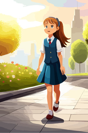Back view of teenage girl with backpack going to or back from school. Vector illustrationのイラスト素材