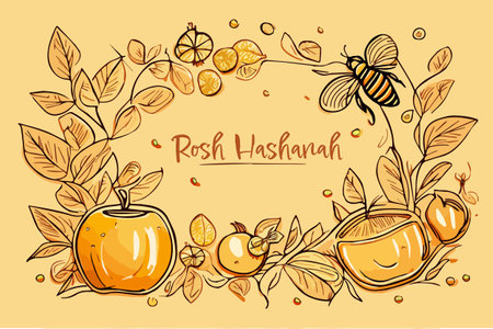 Shana Tova greeting, Jewish traditional holiday, jewish New Year. Traditional festive food honey, apples, pomegranate. Vector illustrationのイラスト素材