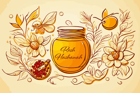 Shana Tova greeting, Jewish traditional holiday, jewish New Year. Traditional festive food honey, apples, pomegranate. Vector illustrationのイラスト素材