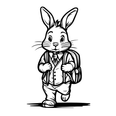 Cute rabbit with backpack goes to school or college, flat vector illustration isolated on white background. Cute scketch character design. Rabbit schoolboy in funny is coming. Simple line stickersのイラスト素材