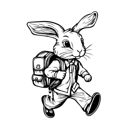 Vector rabbit. Cartoon bunny with backpack in school. Cute sketch character design. Rabbit schoolboy in funny is coming. Doodle funny icon. Simple line stickers, vector illustrationのイラスト素材