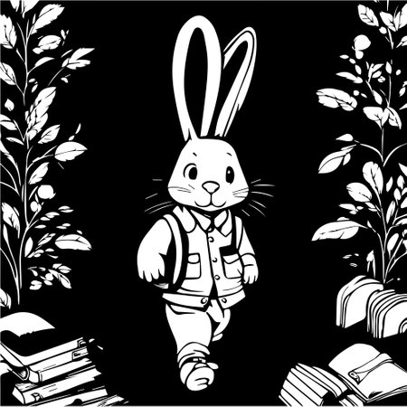 Cute rabbit with backpack goes to school or college, flat vector illustration isolated on white background. Cute scketch character design. Rabbit schoolboy in funny is coming. Simple line stickersのイラスト素材