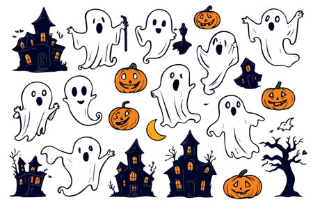 Pumpkins and ghost collection Halloween sticker sketch set. Big set doodle. Collection halloween and magic elements. Vector illustration isolated on white backgroundのイラスト素材