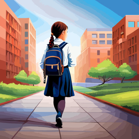 Girl student in school uniform goes to school with backpack Education. Beginning of a new school year. Teenage student, female high school student portrait, vector illustrationのイラスト素材