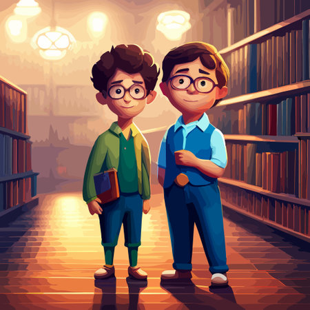 School kids sitting on table and reading book, two boy kid with glasses sit on table and reading tale book in school library, school education concept, back to school, vector illustrationのイラスト素材