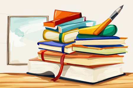 Watercolor school background Vintage books stacks and school supplies. School concept illustration. Education themed vector illustration.のイラスト素材