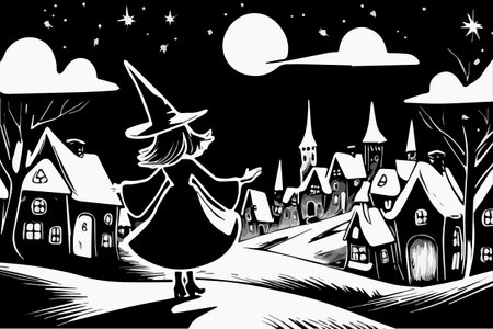Happy Halloween Flying Witch on a broom over the city vector illustrationのイラスト素材
