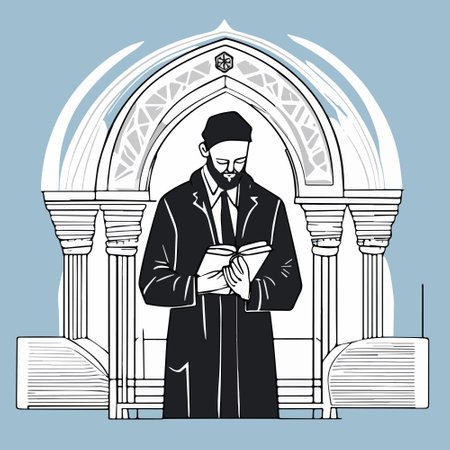 Religious Jew reads Torah in synagogue. Vector illustration, Jewish holidays conceptのイラスト素材