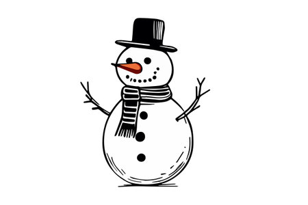 Snowmen engraved style illustration. Drawn sketch with snowman on a white background. Vector illustration.のイラスト素材