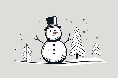Snowman in drawn doodle sketched style. Cute winter holiday icon. Black line ink person in hat with knitted scarf. Vector illustration isolated on colored background.のイラスト素材