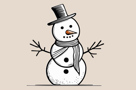 Happy Snowman Winter Drawing sketched style. Vector illustrationのイラスト素材