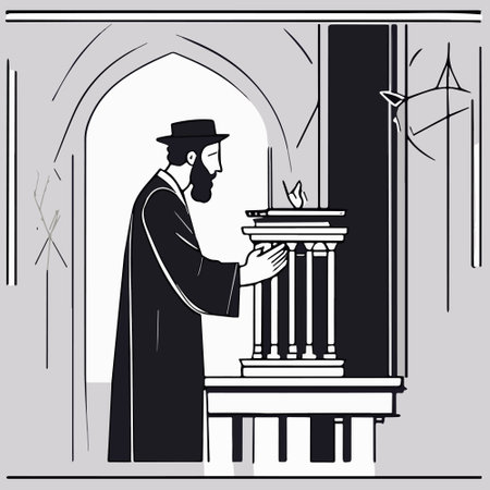 Cartoon jew character composition with flat images of synagogue temple indoor interior with rabbi...
