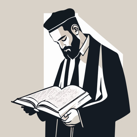 Cartoon jew character composition with flat images of synagogue temple indoor interior with rabbi human character vector illustration, jewish holidays conceptのイラスト素材