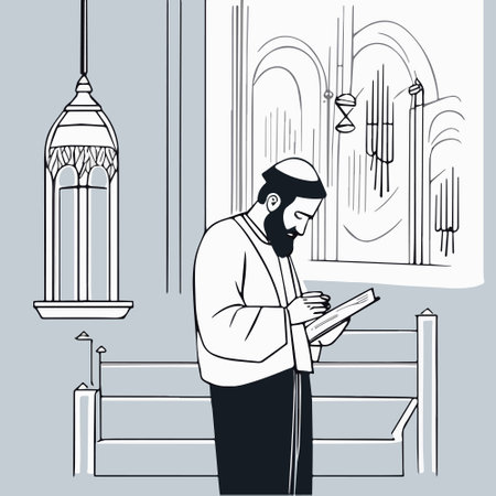 Cartoon jew character composition with flat images of synagogue temple indoor interior with rabbi human character vector illustration, jewish holidays conceptのイラスト素材
