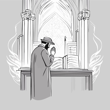 Cartoon jew character composition with flat images of synagogue temple indoor interior with rabbi human character vector illustration, jewish holidays conceptのイラスト素材