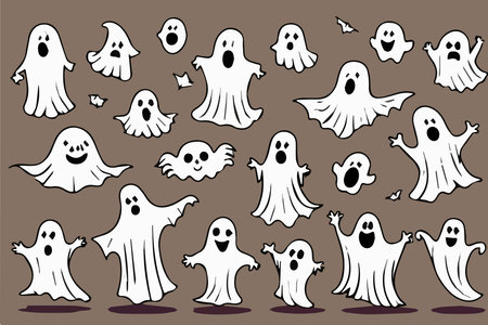 Halloween set funny ghosts with pumpkins on color background, vector illustrationのイラスト素材