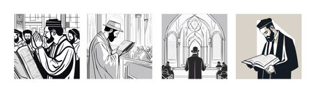 Banner set Cartoon jew character reading torah composition with flat images of synagogue temple...