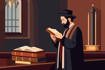 Pious jew prays in synagogue, reading torah, vector illustration, religion conceptのイラスト素材