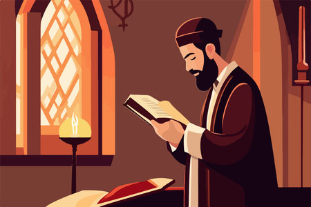 Pious jew prays in synagogue, reading torah, vector illustration, religion conceptのイラスト素材