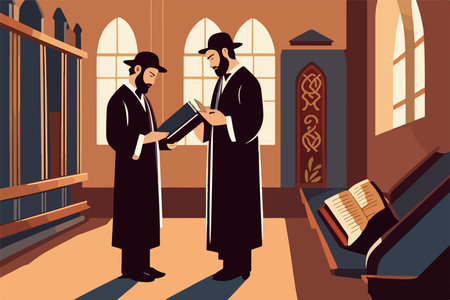 Pious jew prays in synagogue, reading torah, vector illustration, religion conceptのイラスト素材