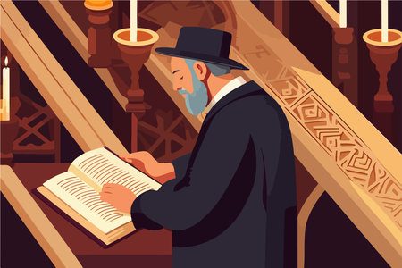 Pious jew prays in synagogue, reading torah, vector illustration, religion conceptのイラスト素材