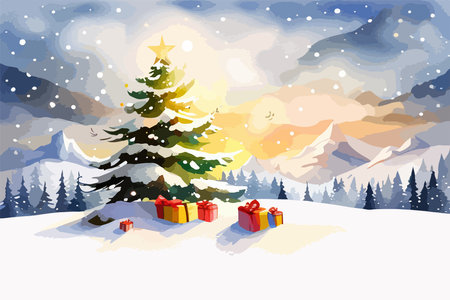 Christmas night landscape tree with gifts on the background of the house, watercolor paint vector illustration, holiday background for greeting card, invitation.のイラスト素材