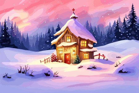 Christmas tree decorated by golden star and colorful baubles and gifts with snow covered rural landscape on background at winter day. art watercolor painting vector illustrationのイラスト素材