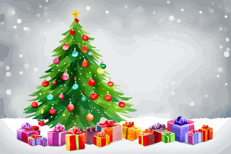 Christmas tree decorated by golden star and colorful baubles and gifts with snow covered rural landscape on background at winter day. art watercolor painting vector illustrationのイラスト素材