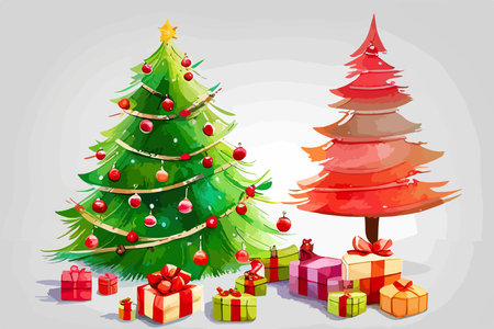 Christmas night landscape tree with gifts on the background of the house, watercolor paint vector illustration, holiday background for greeting card, invitation.のイラスト素材