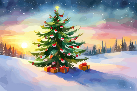 Watercolor house in winter forest. Christmas vector illustration with fir trees with gifts and snow. Holiday card for design, print, fabric or background.のイラスト素材