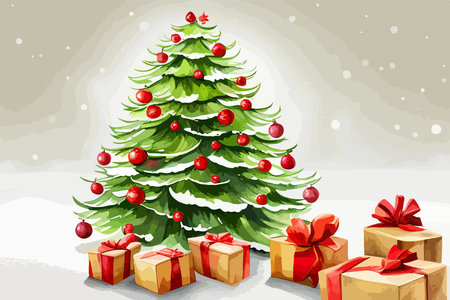 Christmas tree decorated by golden star and colorful baubles and gifts with snow covered rural landscape on background at winter day. art watercolor painting vector illustrationのイラスト素材