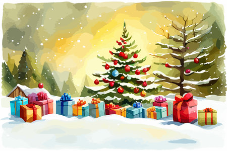 Christmas tree decorated by golden star and colorful baubles and gifts with snow covered rural landscape on background at winter day. art watercolor painting vector illustrationのイラスト素材
