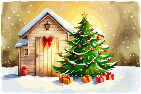 Christmas tree decorated by golden star and colorful baubles and gifts with snow covered rural landscape on background at winter day. art watercolor painting vector illustrationのイラスト素材