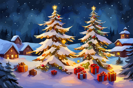 Christmas night landscape tree with gifts on the background of the house, watercolor paint vector illustration, holiday background for greeting card, invitation.のイラスト素材